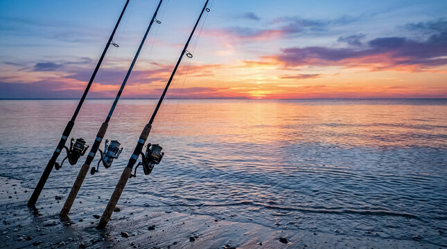 Scenic sunset view of three fishing rods planted on a sandy beach, reflecting tranquility and anticipation of a peaceful fishing session by the ocean at dusk