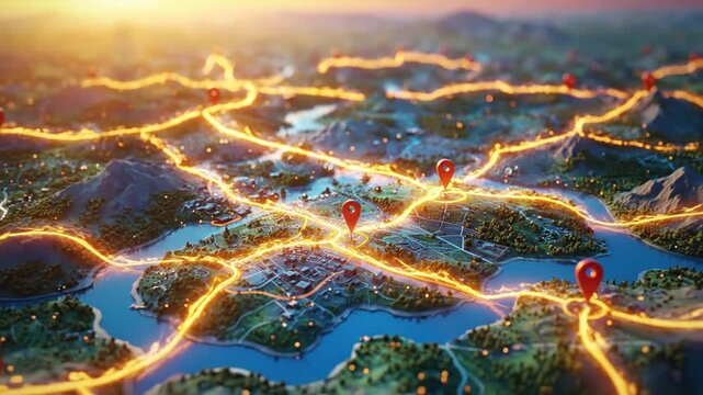 Digital map showing glowing navigation routes and location markers
