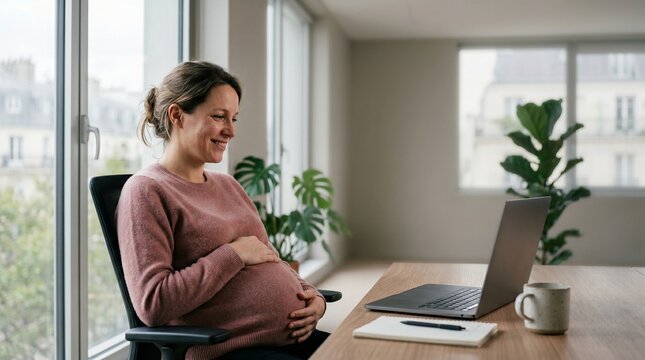 Pregnant woman in pink sweater smiles at laptop in bright office with plants and window view