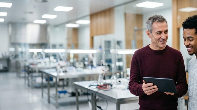 Senior engineer and young intern collaborating over tablet in modern laboratory.