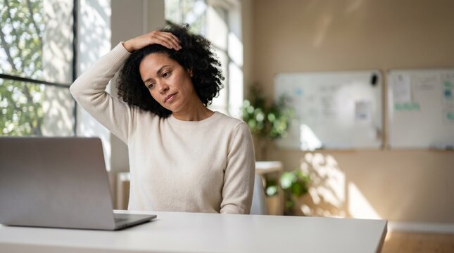 Hispanic woman stretching neck at desk in bright office