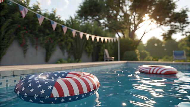 Patriotic 4th of July backyard pool party with American flag inflatable rings