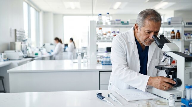 Senior male scientist using microscope in modern laboratory with colleagues.