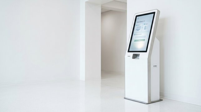Modern self-service digital kiosk in clean minimalist office lobby.