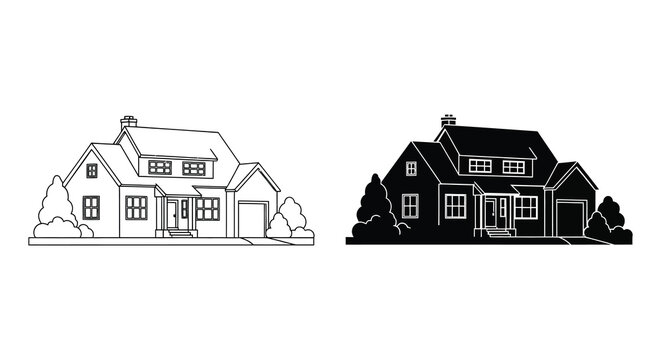 Two house outlines one black and white line drawing and one solid black silhouette