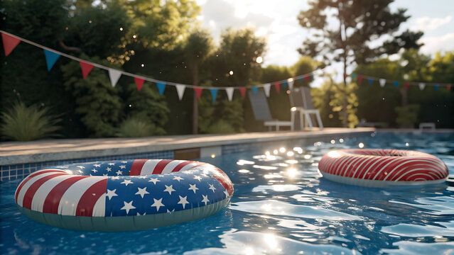 Patriotic 4th of July backyard pool party with American flag inflatable rings