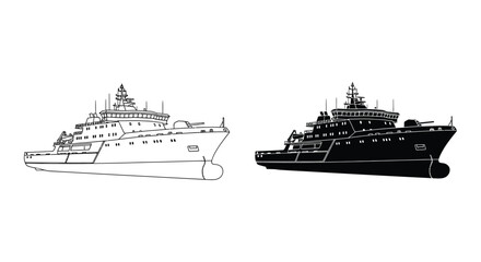 Icebreaker ship silhouette in black and white detailed vessel outline silhouette © njhasan