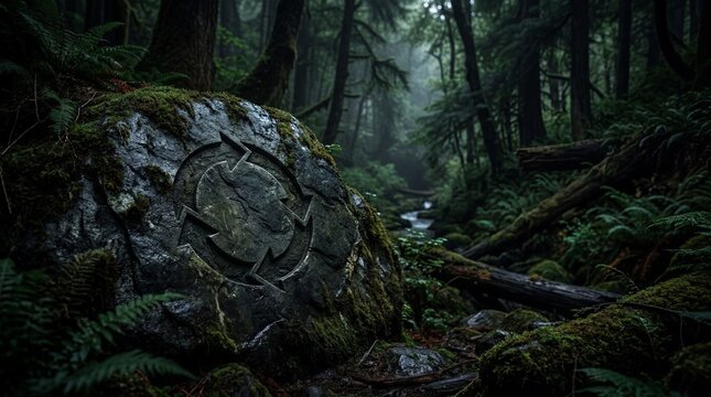 Mysterious Ancient Rune Stone in a Dark Enchanted Forest.