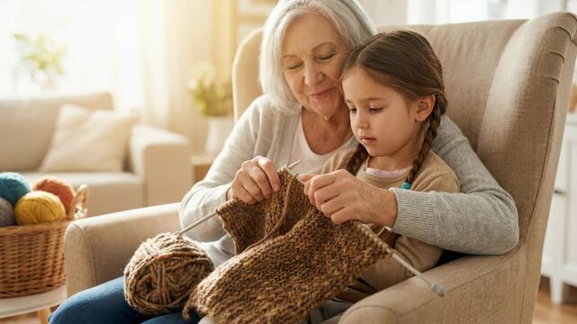 Caucasian senior woman and little girl knitting together in a chair at home, showing bonding and intergenerational learning