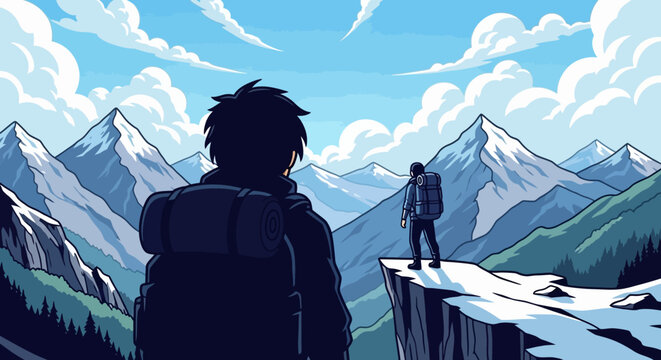 Man standing on mountain edge.