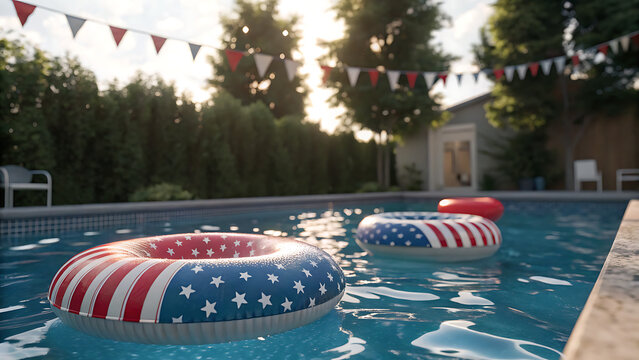 Patriotic 4th of July backyard pool party with American flag inflatable rings
