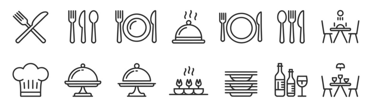 Catering thin line icon set, restaurant tableware symbols including fork spoon knife plate cloche chef hat and drinks icons, clean minimal outline food service vector illustration eps 10.