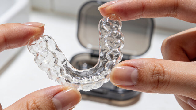 Extreme close-up of a woman's hands holding a clear transparent dental splint. TMJ treatment concept