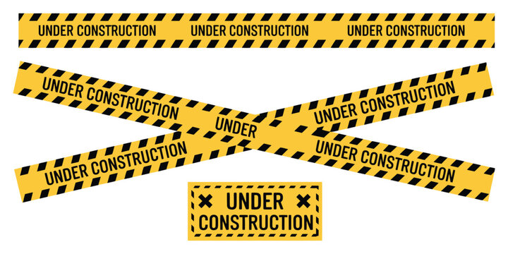 Under construction tape, yellow warning barrier signs, security attention labels, work zone caution banners, vector illustration.