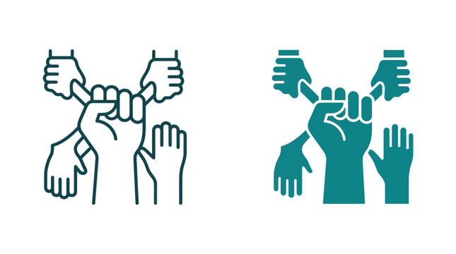 Conceptual icon of teamwork and unity with multiple hands joining together