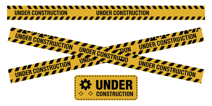 Under construction tape, yellow warning barrier signs, security attention labels, work zone caution banners, vector illustration.