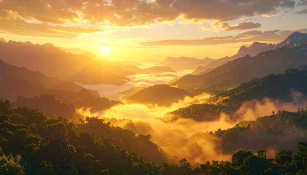 Golden sunrise over misty mountain valley and forest ridges