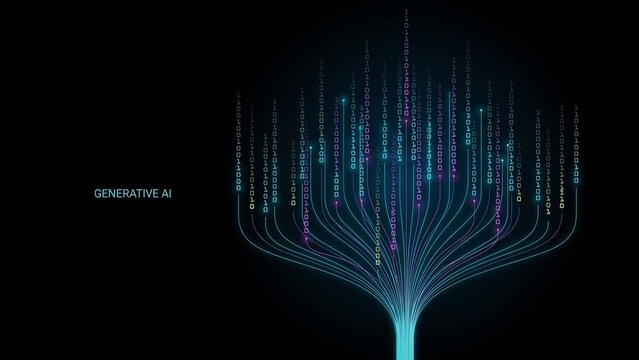 Digital binary data tree with glowing blue and purple code streams