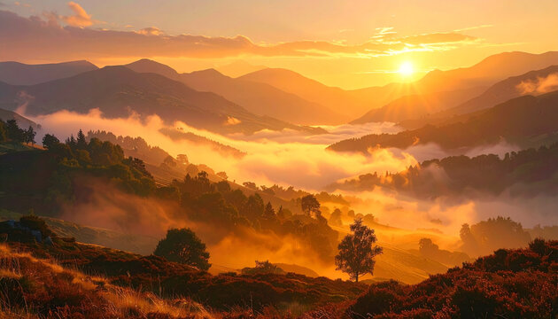 Golden Sunrise over Misty Mountain Valley