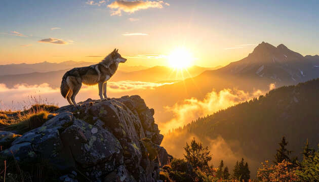 Majestic wolf standing on rocky cliff overlooking mountain sunrise