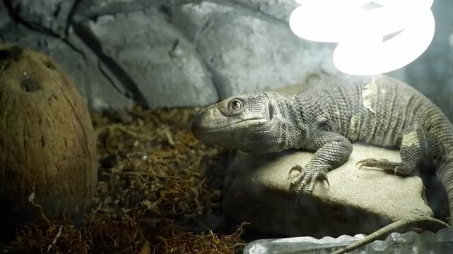Savannah monitor lizard resting on a rock inside its terrarium and looking around