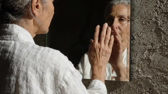 Senior woman touching reflection in bathroom mirror indoors Close up of mature female hand on glass surface with natural sunlight and textured wall background for lifestyle