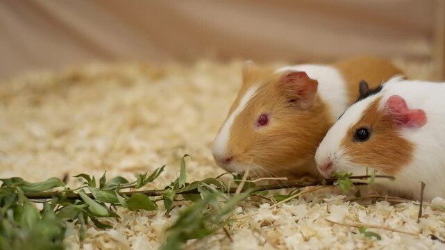Cute pair of guinea pigs munching on fresh green leaves while sitting on wood shavings