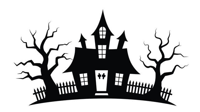Spooky Halloween haunted house silhouette vector illustration with creepy bare trees and wooden fence isolated on a white background.