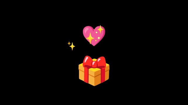 Gift with jump love smoke fun. Yellow, Christmas icon box fun. A glittering gold bow. Cartoon style, with transparent background channel. 4K icon