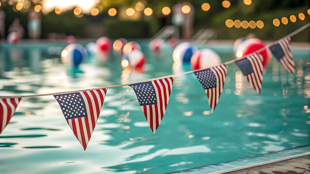 Patriotic 4th of July pool party decorations with American flag bunting and bokeh background