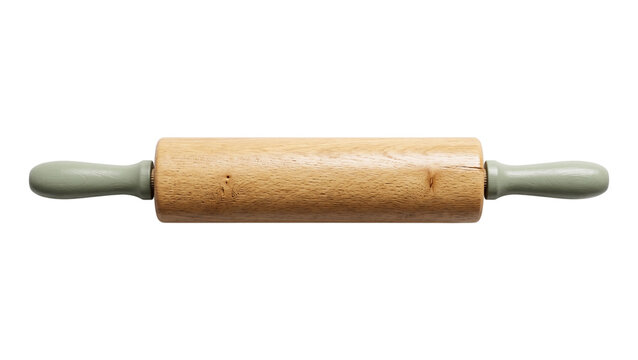 Wooden rolling pin utensil with light sage green painted handles isolated on transparent backdrop showcasing traditional bakery tool for dough preparation and baking