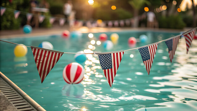 Patriotic 4th of July pool party decorations with American flag bunting and bokeh background