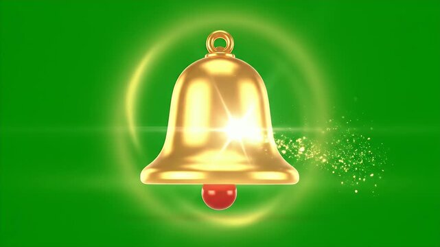 A gleaming golden bell with a red clapper emits a shower of sparkling light against a vibrant green background, suggesting celebration or announcement.