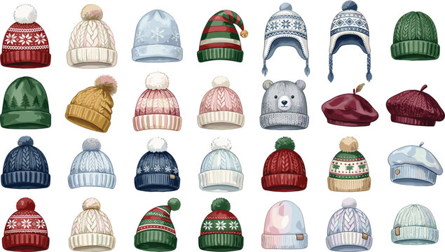 Cozy Winter Beanie Hat Vector Set with Nordic Knit Patterns Earflaps Fluffy Pom Poms Christmas Elves and Cute Bear Caps for Holiday Graphic Designs