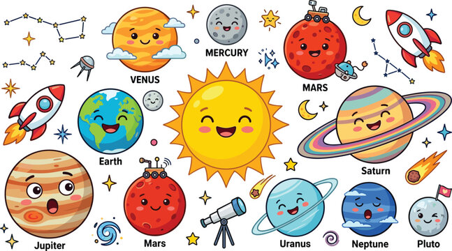 Cute Cartoon Solar System Vector Element Sheet with Named Planets Sun Rocket Ships Mars Rover and Constellations for Kids Educational Nursery School Graphic Designs