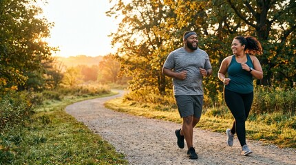 Obraz premium Happy plus-size couple jogging on rural trail during morning workout session.