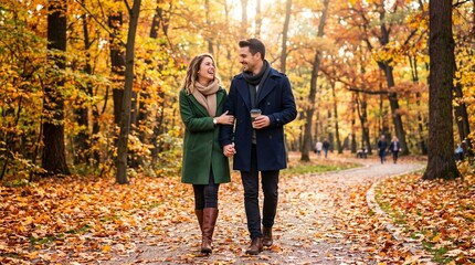 Fototapeta premium Young couple walking hand in hand on forest path covered in autumn leaves.