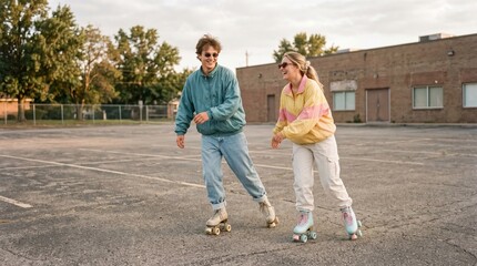 Obraz premium Joyful couple roller skating in retro style outfits on asphalt lot.