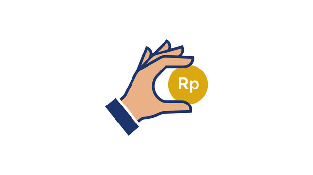 A stylized illustration of a hand holding a golden coin with a currency symbol