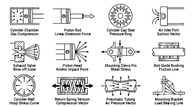 Technical Engineering Diagrams of Pneumatic Cylinder Components and Mechanical Force Vectors.