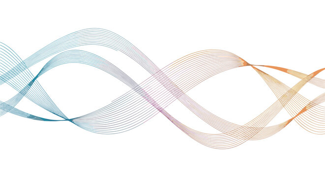 Graceful flowing waves composed of thin parallel lines feature a vibrant gradient transition from cool blue to warm orange.