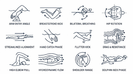 Fototapeta premium Swimming Technique Diagrams Showing Proper Form Stroke Mechanics and Hydrodynamic Body Alignment.