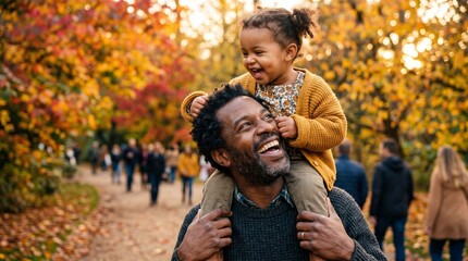 Fototapeta premium Happy African American father carrying laughing daughter on shoulders in autumn park.