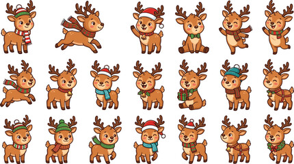 Fototapeta premium Cute Full Body Christmas Reindeer Cartoon Character Set with Winter Scarves Santa Hats and Festive Poses for Holiday Greeting Card Vector Designs