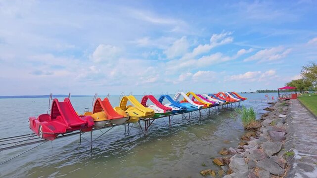 Siofok Hungary May 31 2026 Colorful Pedal Boats At Lakeshore