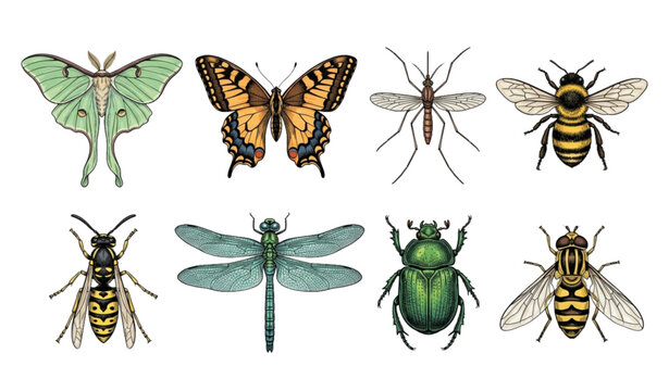 Hand drawn insect collection with butterfly moth bee mosquito and wasp vector illustration