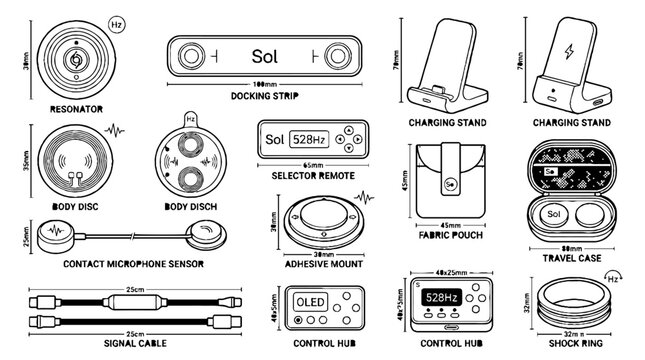 Technical blueprint illustration of electronic device components and accessories with measurements.