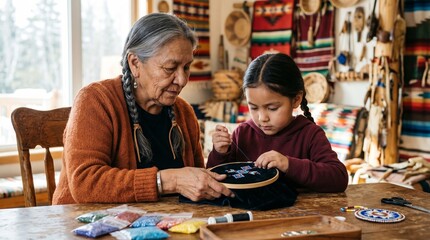 Fototapeta premium Elderly Native American grandmother teaching granddaughter traditional beadwork at wooden table.