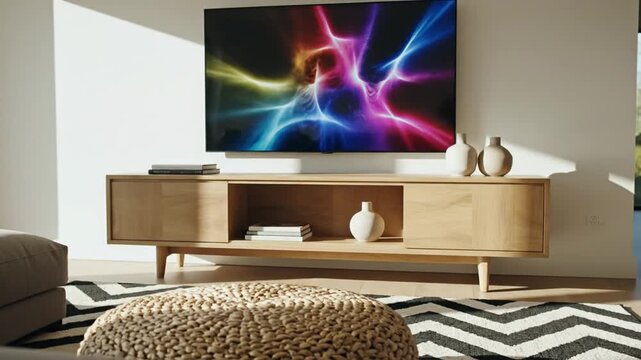 Bright modern living room interior featuring a large wall-mounted TV with colorful abstract display above a wooden console, woven wicker pouf on a black and white chevron rug.