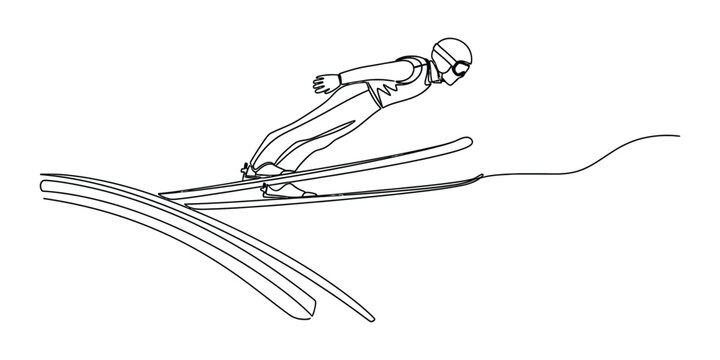 Dynamic ski jumper in midair captured in a clean line art style.